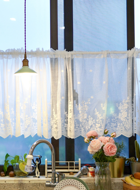 拾光布艺蕾丝厨房半帘隔断帘咖啡帘门帘美式白色田园底边波浪短帘