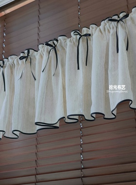 复古棉麻纱短帘黑色蝴蝶结半帘隔断门帘厨房橱窗窗帘柜帘遮挡防尘