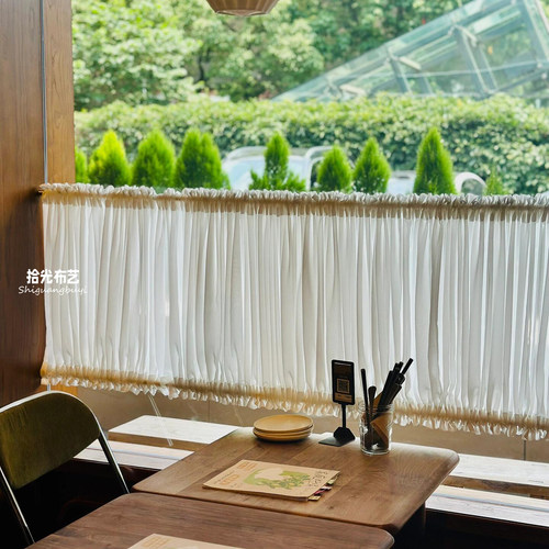 法式绷纱帘橱窗窗帘遮挡上下免打孔玻璃门窗短帘半帘咖啡店纱帘