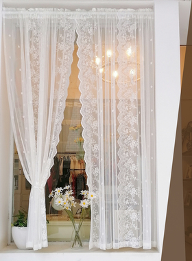 拾光韩式白色蕾丝窗帘窗纱田园美式卧室短帘门帘隔断免打孔安装