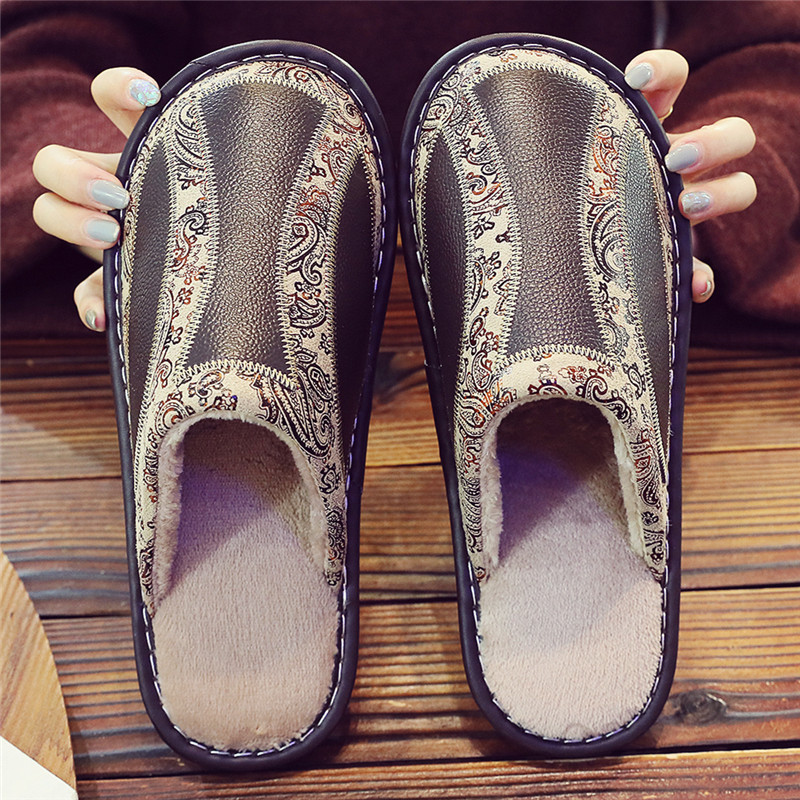 居家室内防滑情侣加绒牛皮棉拖鞋