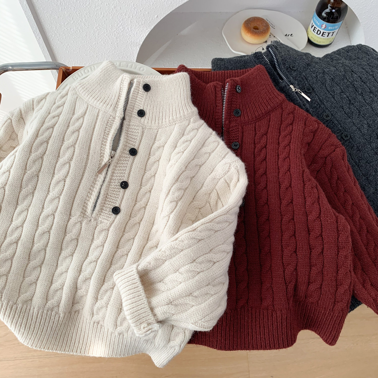 男童秋冬复古高领麻花纹针织衫2025新款儿红色毛衣冬装套头打底衫