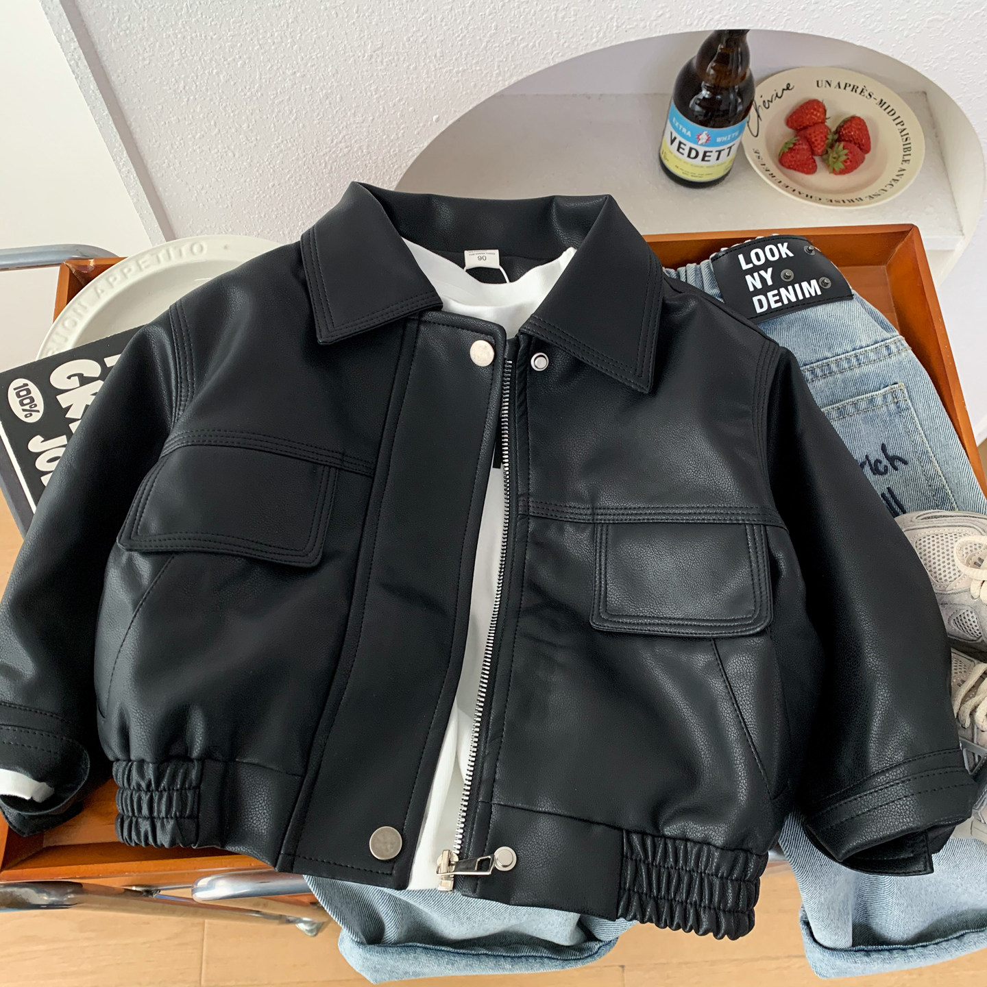 男童春秋黑色皮衣外套2026新款儿童中小童宽松休闲夹克痞帅时髦潮