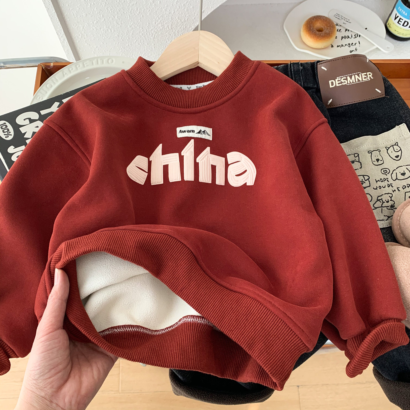 儿童加绒卫衣2025新款男童秋冬一体绒红色上衣冬装薄绒圆领套头衫