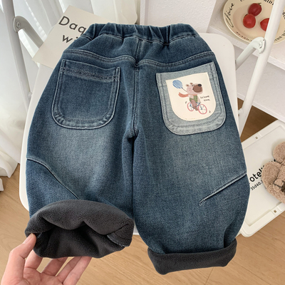 男童冬装加绒加厚保暖直筒牛仔裤