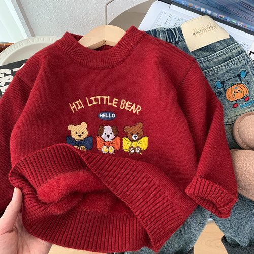 男女童红色喜庆一体加绒针织毛衣