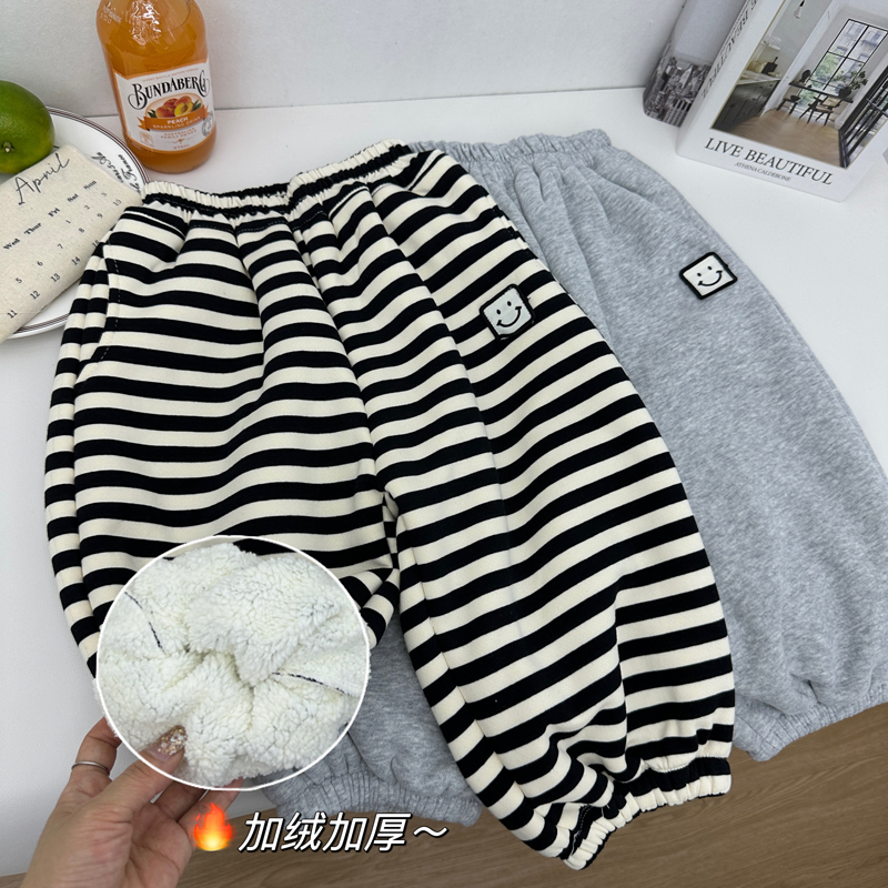 儿童秋冬款一体绒加厚条纹卫裤