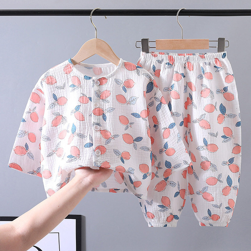 儿童棉纱套装春夏 薄款男童女童纯棉家居服宝宝双层纱布空调服a类