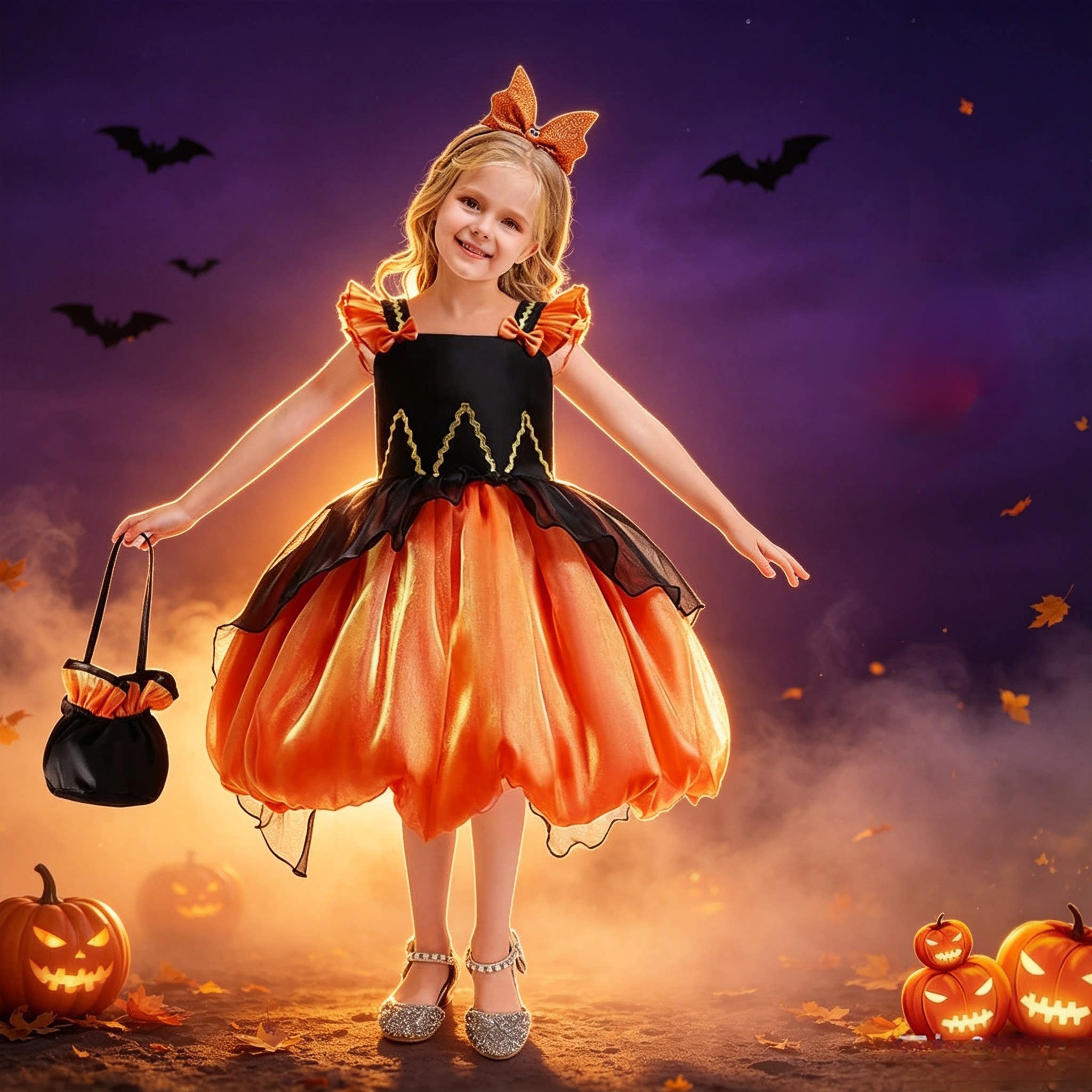 万圣节儿童服装女宝cos女巫halloween衣服舞会南瓜公主连衣蓬蓬裙