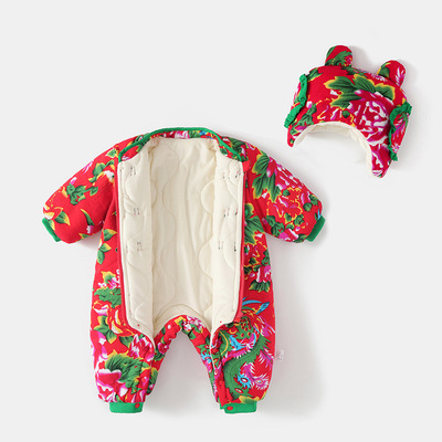 东北大花棉袄宝宝冬季连体棉服周岁婴儿衣服冬装加绒加厚军棉大衣