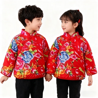 东北大花儿童棉袄大花袄套装宝宝加绒加厚冬男女小孩过年喜庆衣服