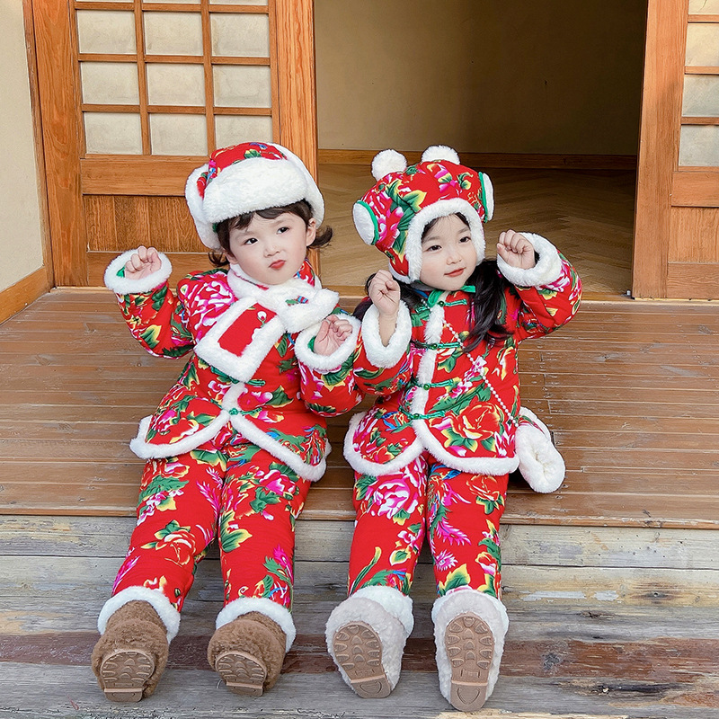 东北大花儿童棉袄婴儿冬男女童套装拜年服加厚宝宝过新年唐装棉衣