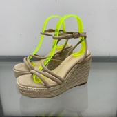 外贸女鞋 草编坡跟凉鞋 女夏一字带露趾厚底超高跟罗马绑带凉鞋 英国