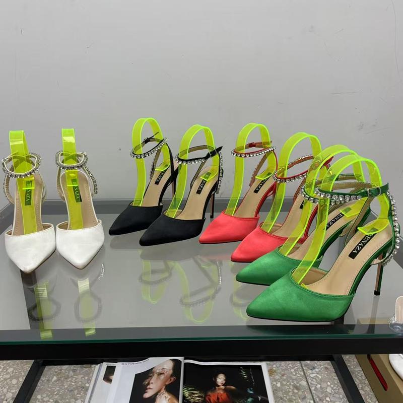 跟缎面尖头夏季水钻高跟鞋后绊带