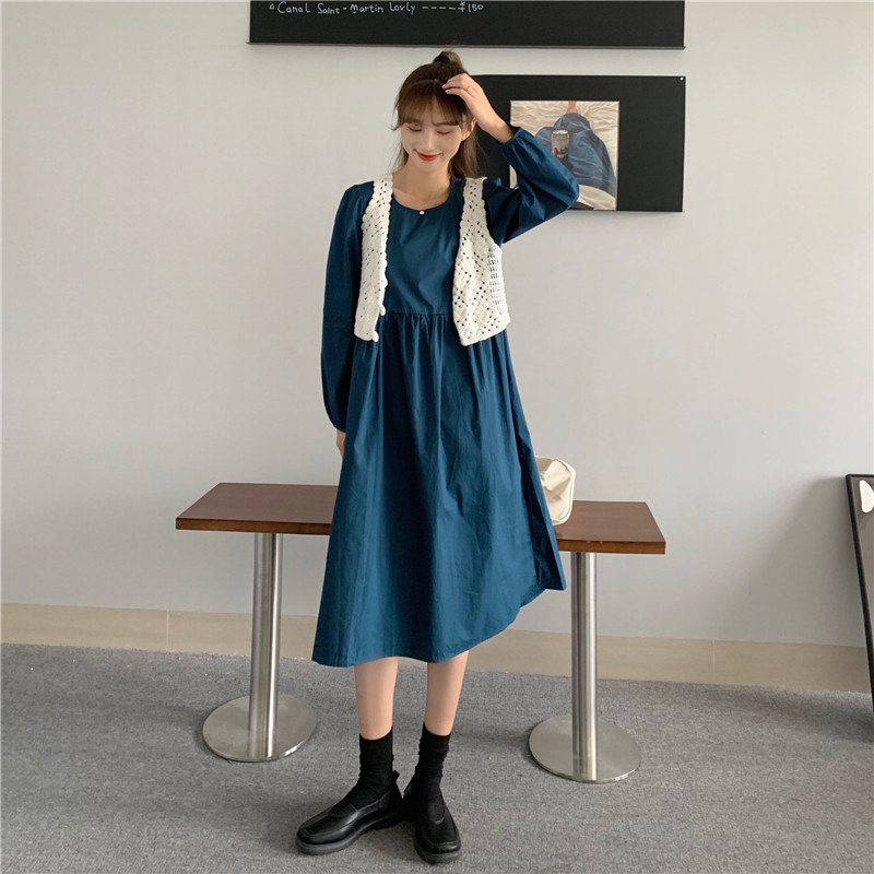 Real price French niche bubble sleeve solid dress + Crochet hollow short vest