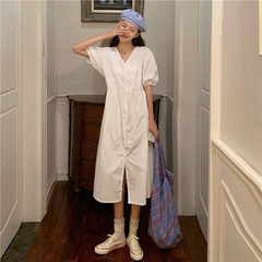 Real price Korean temperament V-neck simple solid color lace up waist mid length dress