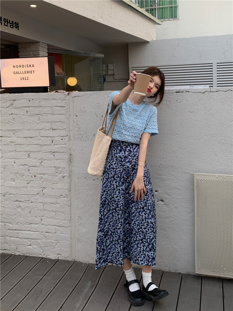 Real price simple round neck solid Lace Top + Chiffon floral skirt