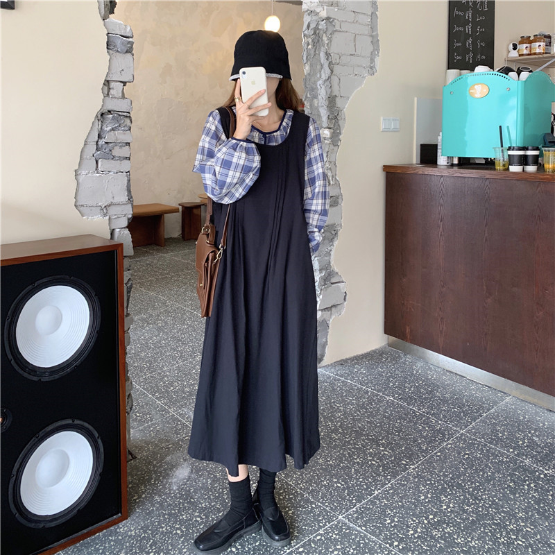 Real price retro round neck Lantern Sleeve Plaid Top + simple waist length dress