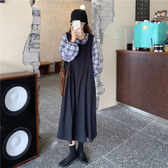 Real price retro round neck Lantern Sleeve Plaid Top + simple waist length dress