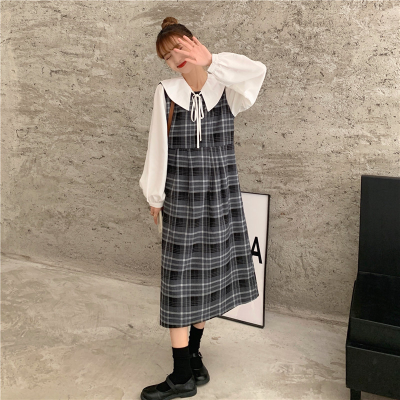 Real price loose baby collar Lantern Sleeve Shirt + Vintage vest Plaid Dress