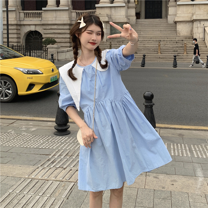 Real price design irregular shirt collar color matching doll dress