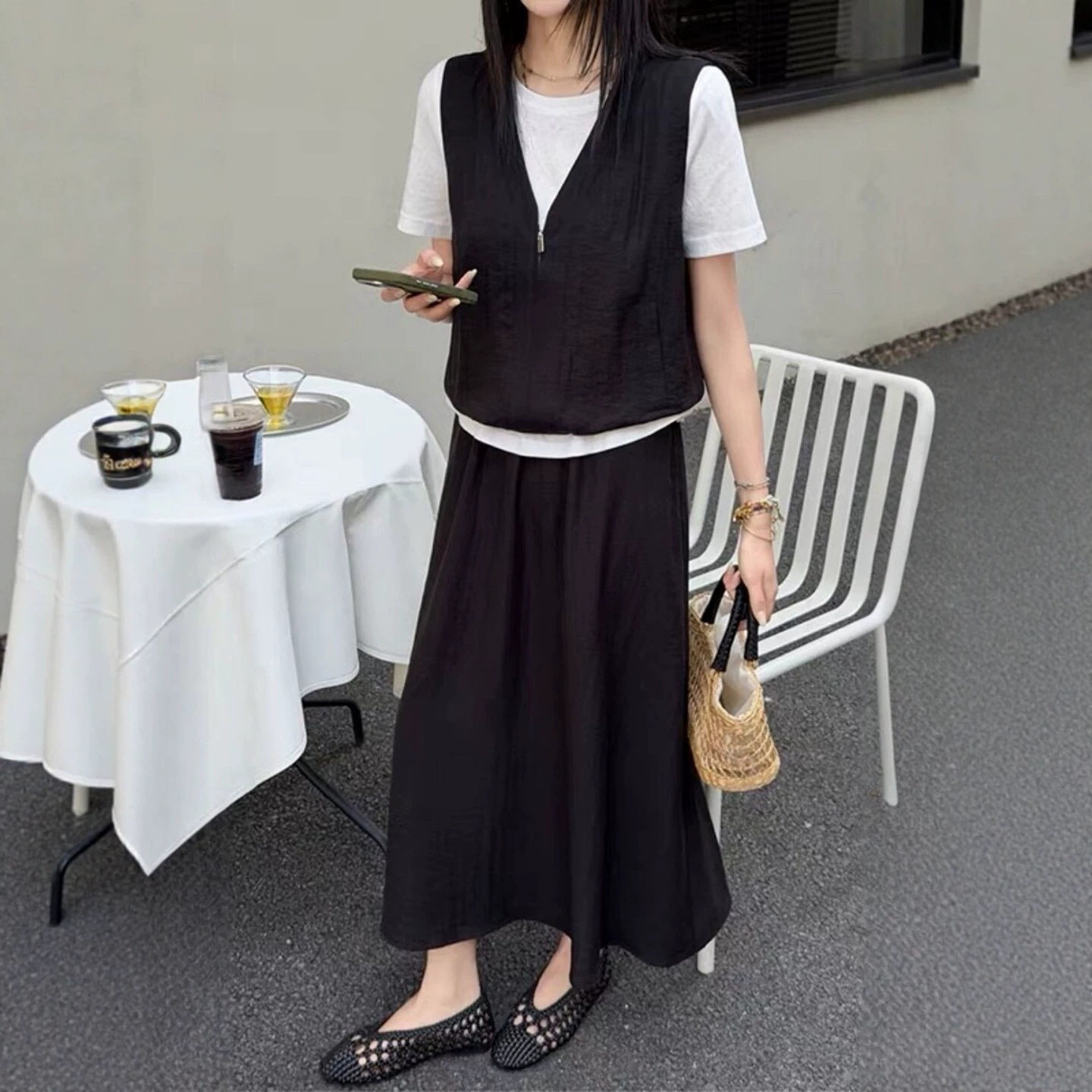 简约休闲套装女2026夏季新款洋气三件套马甲T恤半身裙时尚穿搭潮