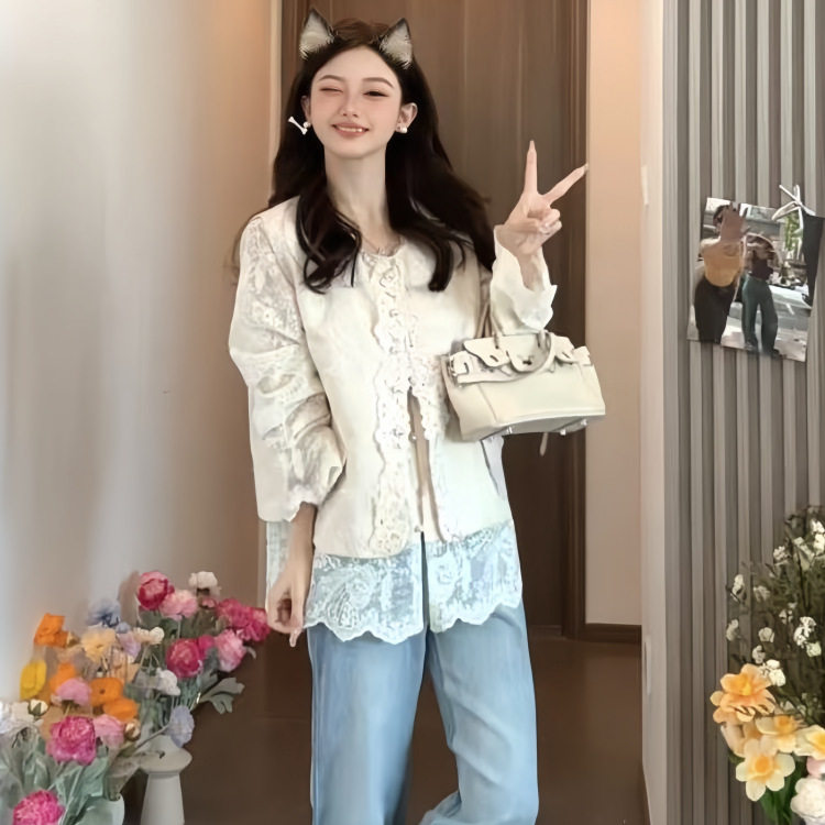 时尚圆领短款国风马甲女+蕾丝镂空钩花V领长袖小衫超火洋气套装