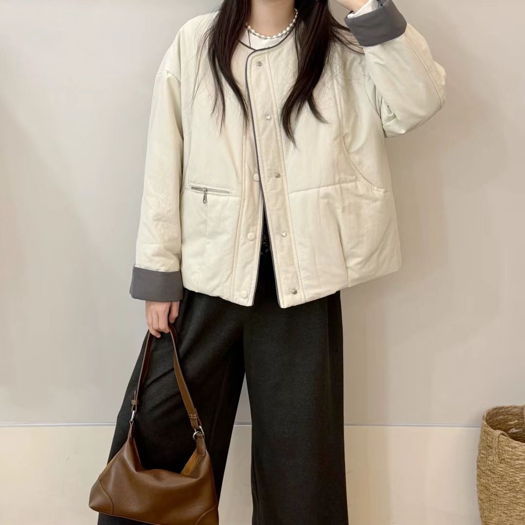 圆领夹棉短款外套女2025秋冬新款宽松显瘦时尚百搭休闲棉衣外套女