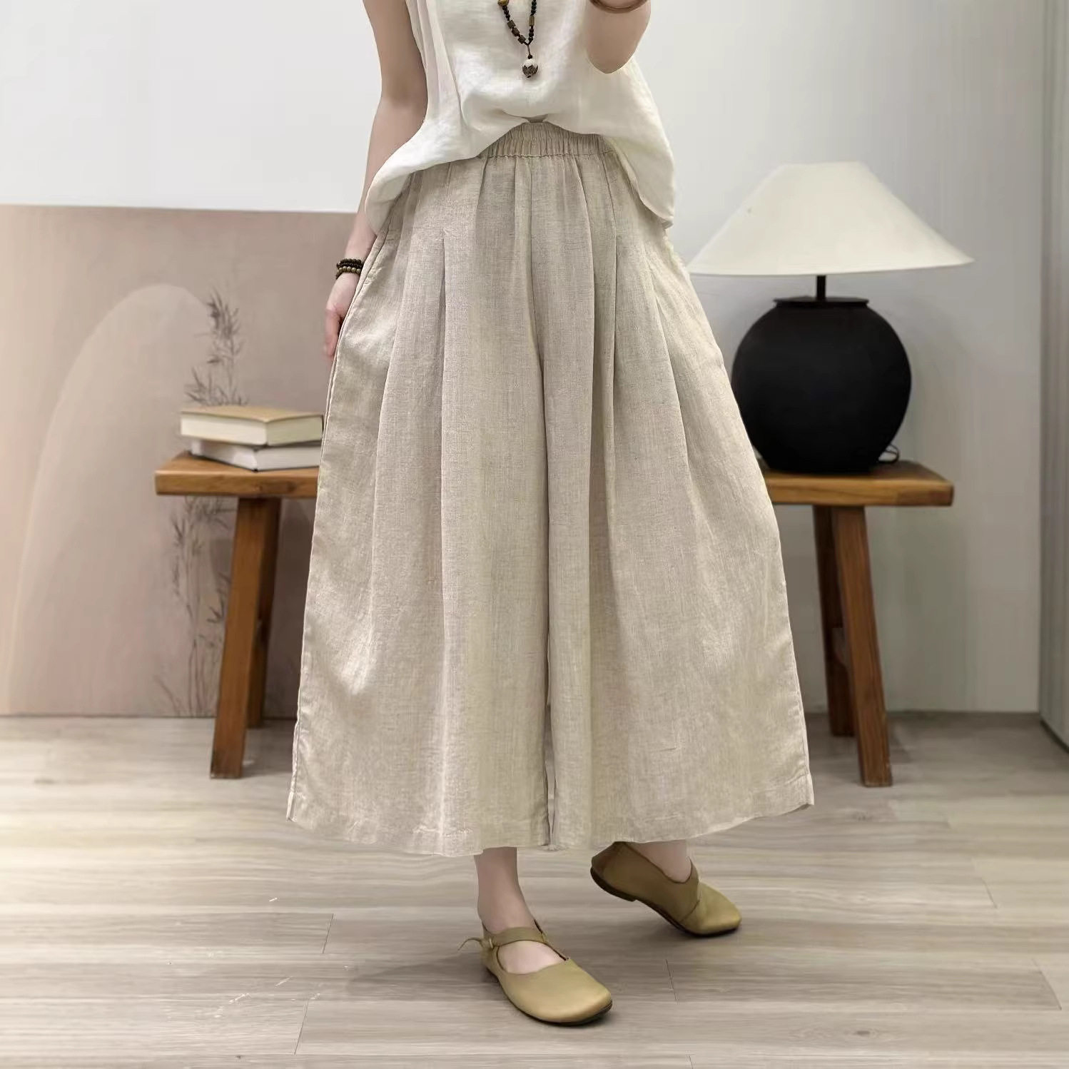 26年夏款亚麻裤女宽松休闲韩版阔腿哈伦裤慵懒风松紧腰裤子八分裤