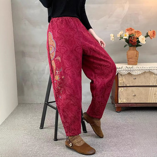 加绒加厚保暖裤 25冬款 民族风哈伦刺绣提花棉裤 女宽松韩版 子 棉裤