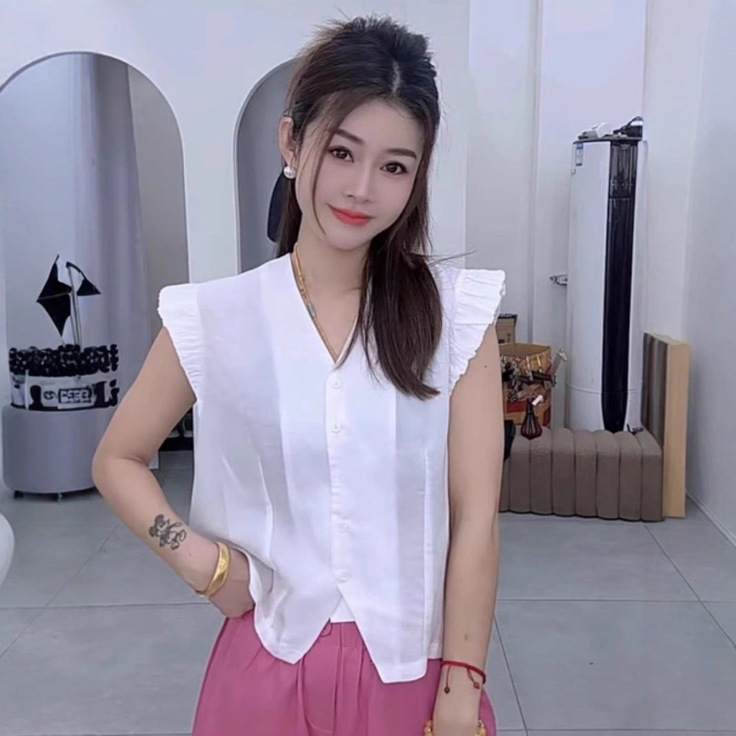 韩系V领木耳花边小飞袖衬衫女2025夏季新款宽松减龄百搭小衫上衣