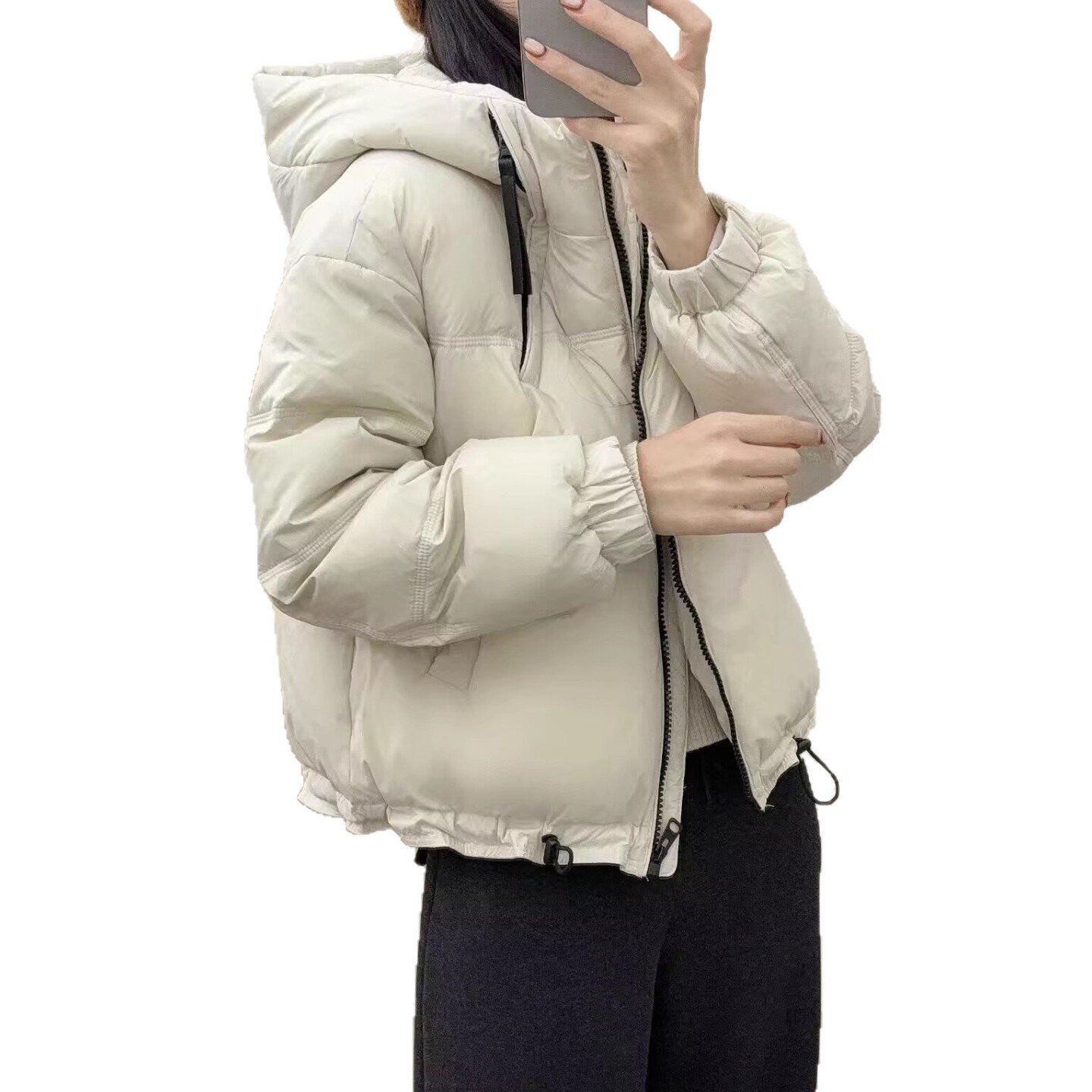 高端韩系灰蓝色连帽短款羽绒服女冬季白鸭绒蓬松面包服拉链外套潮