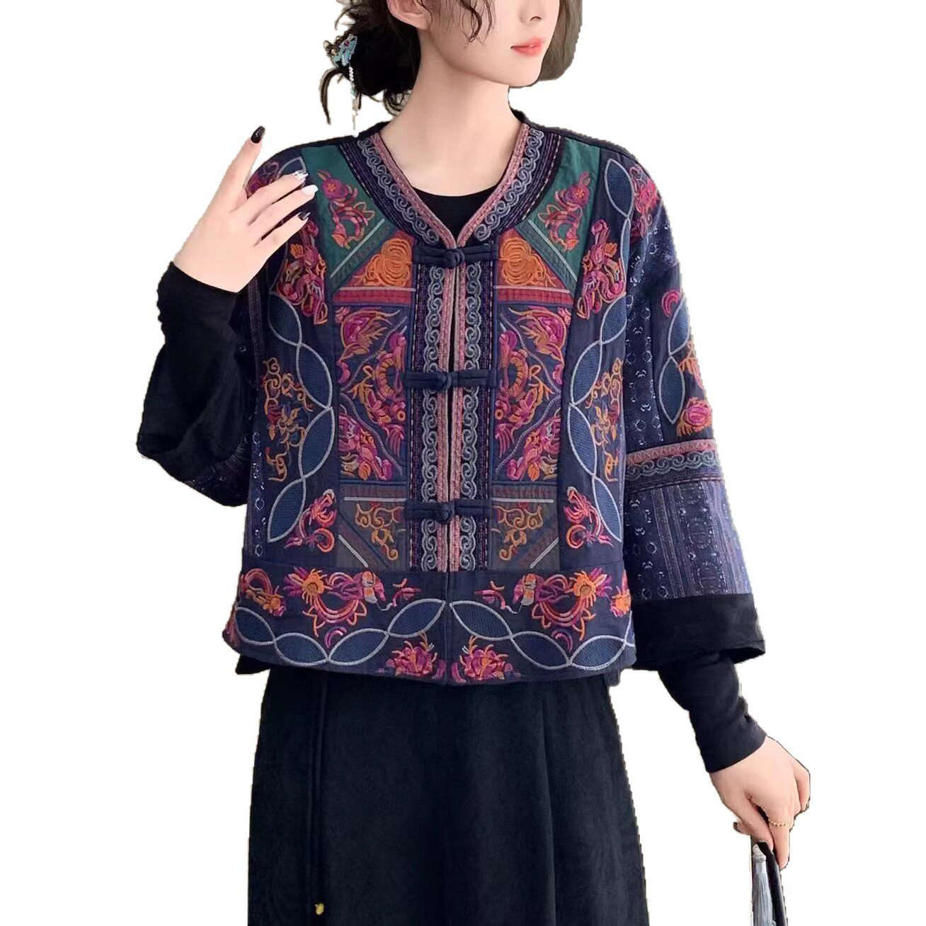 2026年春款外套女民族风棉麻提花满绣上衣开衫长袖盘扣新中式外套
