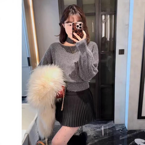 亮片细闪挂脖斜肩打底针织衫秋冬软糯收腰保暖打底衫加厚毛衣女