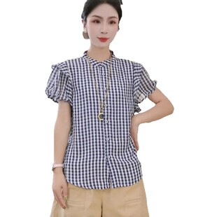格纹上衣2025年夏季新款女百搭通勤衬衫宽松短袖衬衣小方格衬衣