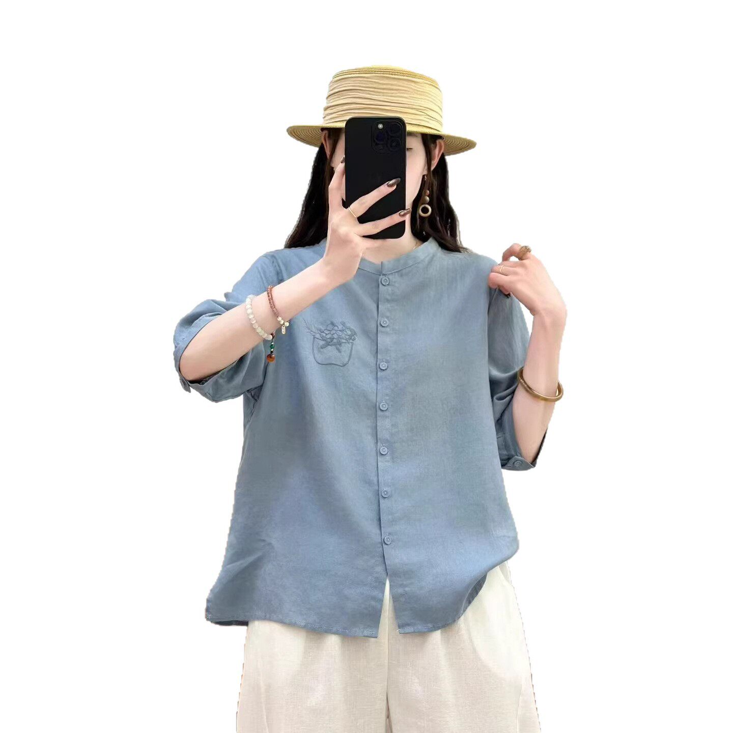 2026年春款衬衫半袖女宽松休闲短袖衬衣上衣苎麻衬衣新款刺绣亲肤