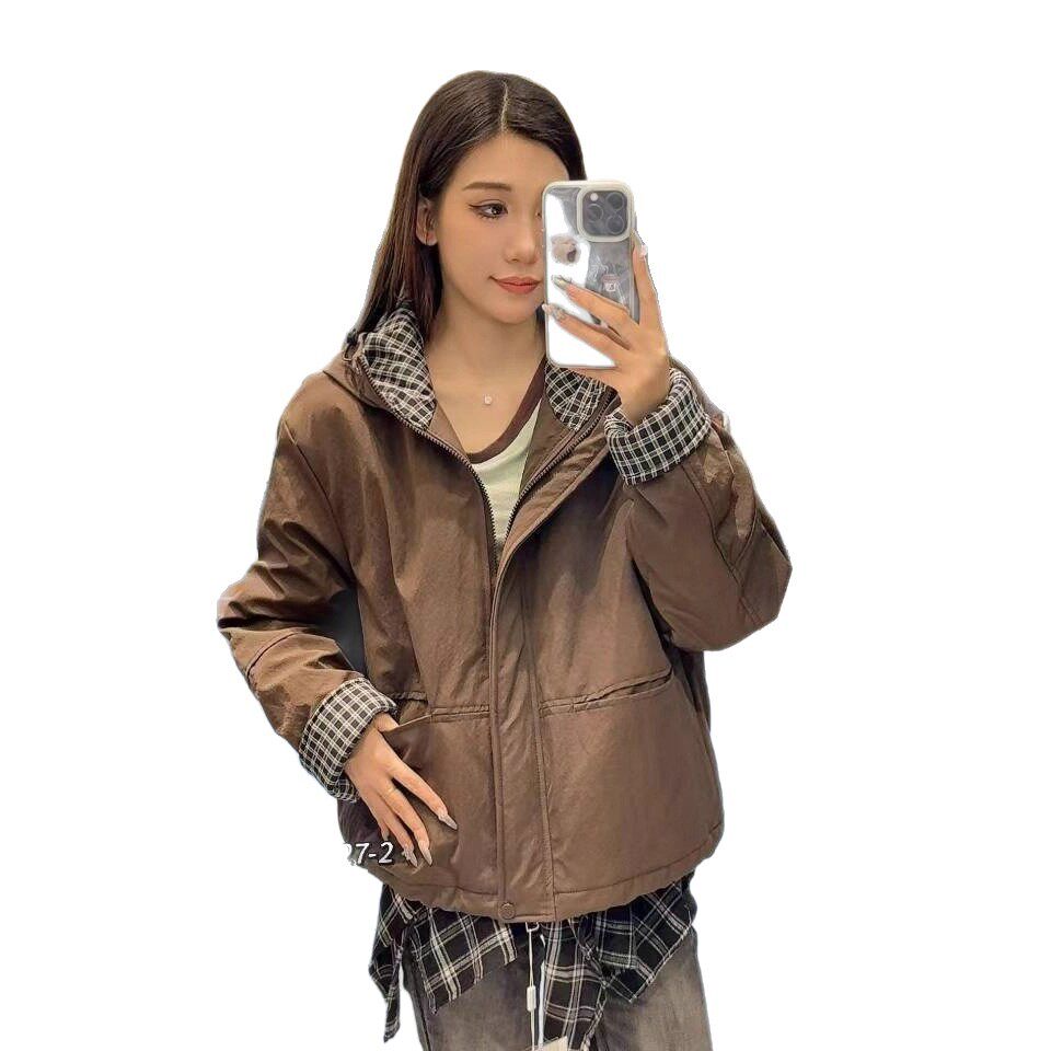 韩版时尚连帽格子拼接棉服外套女2025冬季新款宽松显瘦百搭棉外套