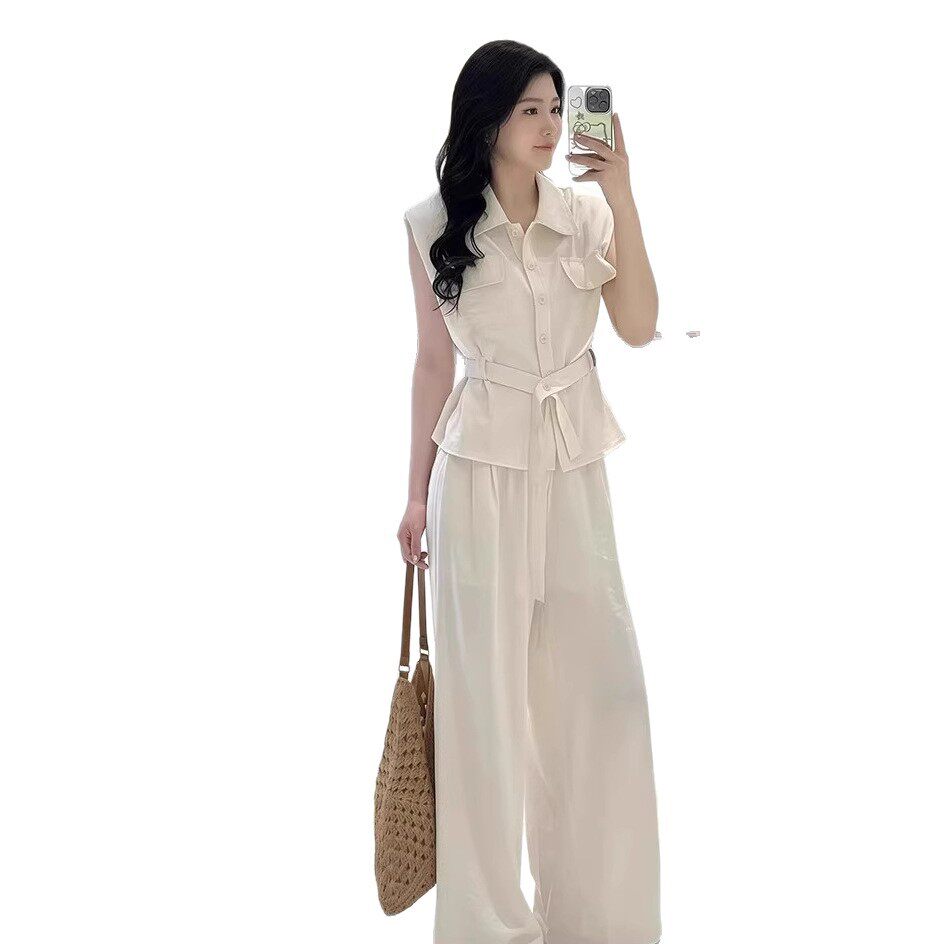 时尚套装女2025夏季新款时髦洋气设计感衬衫式无袖上衣阔腿裤套装