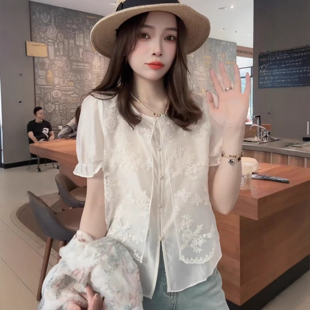 法式短袖蕾丝雪纺衬衫女夏款2025新款泡泡袖假两件上衣女时尚