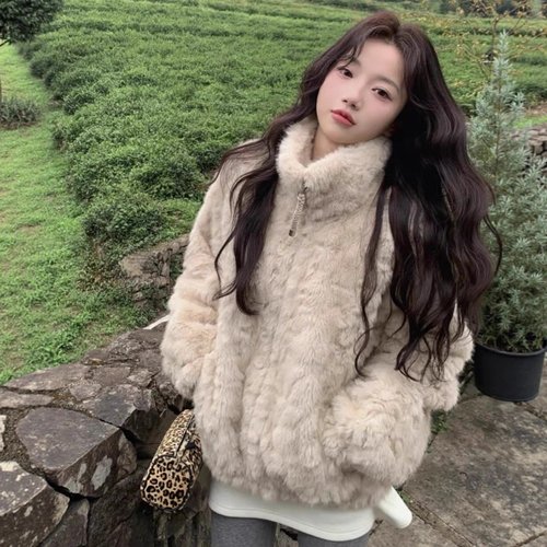 韩系慵懒风羊羔毛外套女立领加厚毛绒短外套皮毛一体上衣毛毛外套