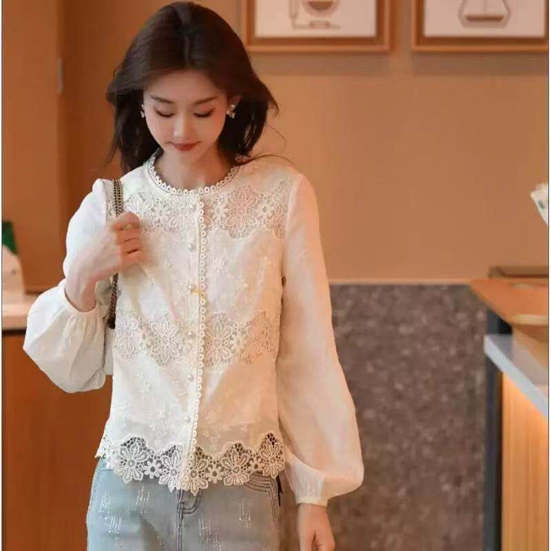 2026年春款衬衫女长袖蕾丝花边拼接衬衣开衫亲肤新款衬衫宽松上衣