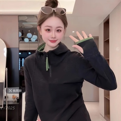 设计感撞色双面德绒连帽卫衣女冬季半拉链叠穿内搭打底衫加厚