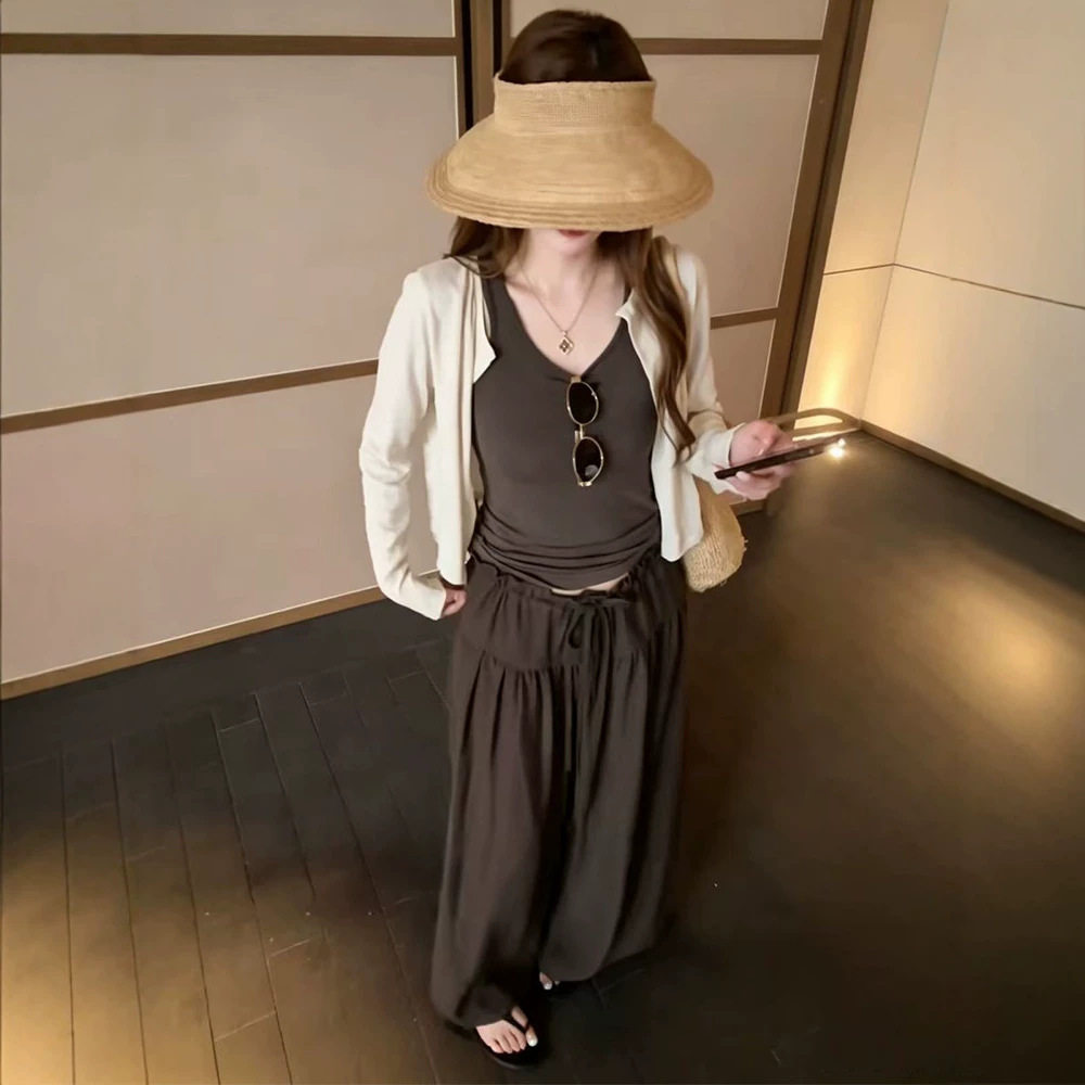 慵懒风防晒开衫三件套女2026夏季新款吊带背心休闲高腰阔腿裤套装