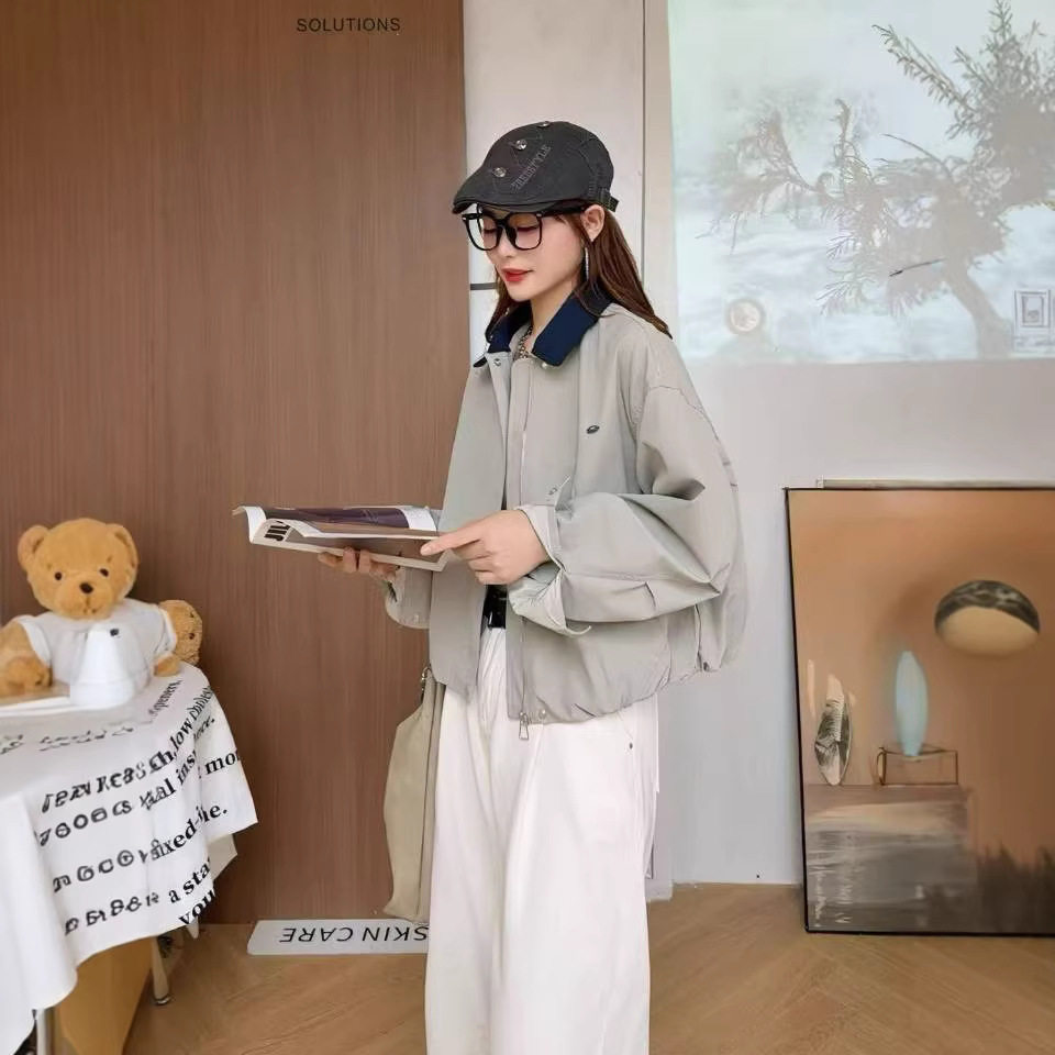 26春款外套女撞色领刺绣外套宽松休闲韩版学院风新款外套夹克上衣