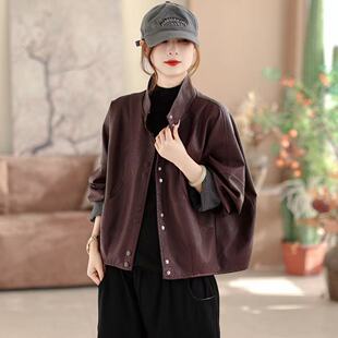 2026年春款皮衣外套女新款拼接格立领夹克衫长袖宽松休闲韩版上衣