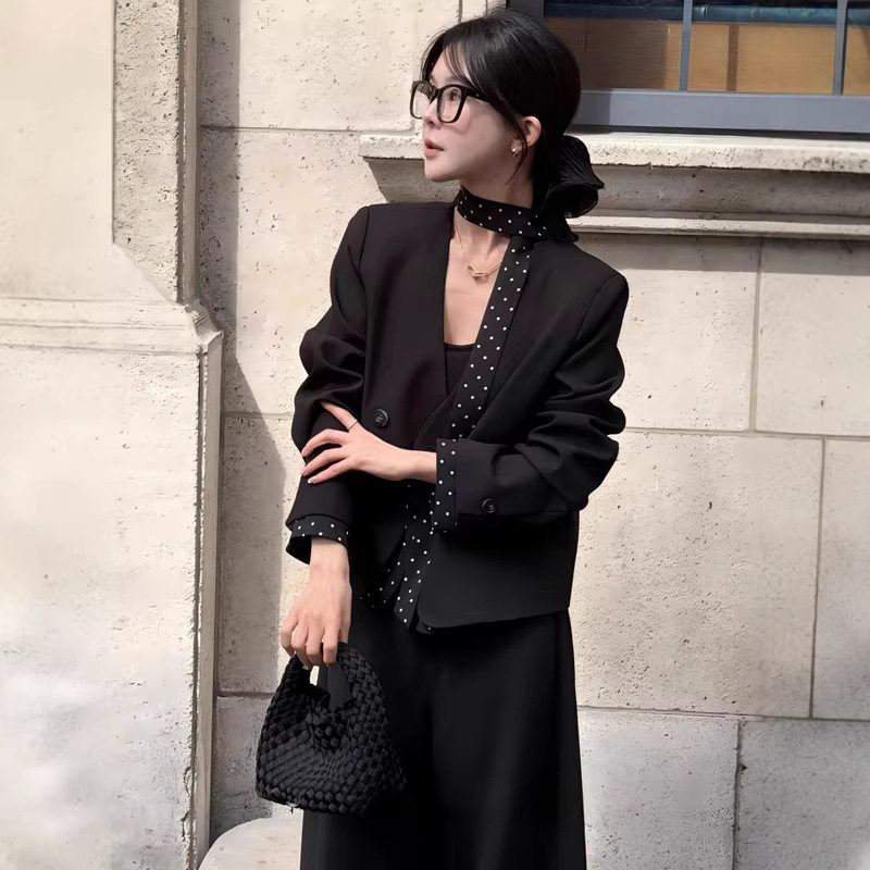 轻奢风黑色v领西装外套女带飘带长袖气质百搭感通勤上衣西服