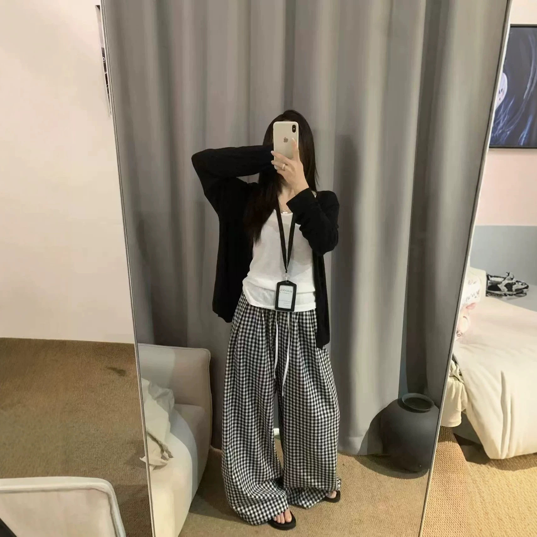韩版时尚休闲套装女26夏季长袖开衫+吊带背心+格子休闲裤三件套潮