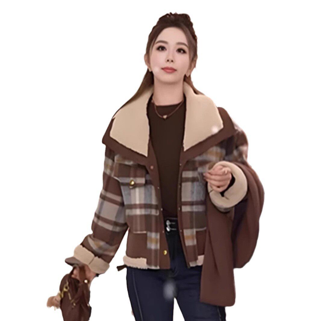 韩版时尚格子羊羔毛棉服女2024冬季新款宽松加厚撞色棉服短外套女