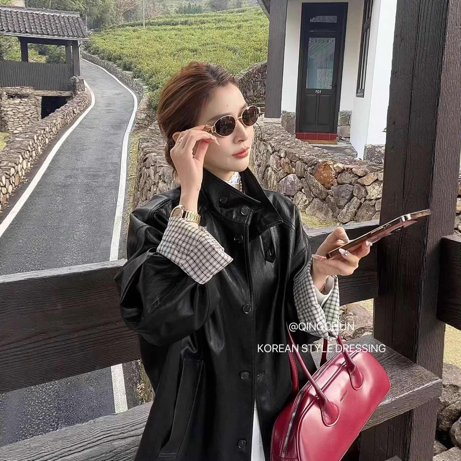 立领中长款撞色格子皮衣女欧洲站2026年春季新款韩版时尚显瘦夹克