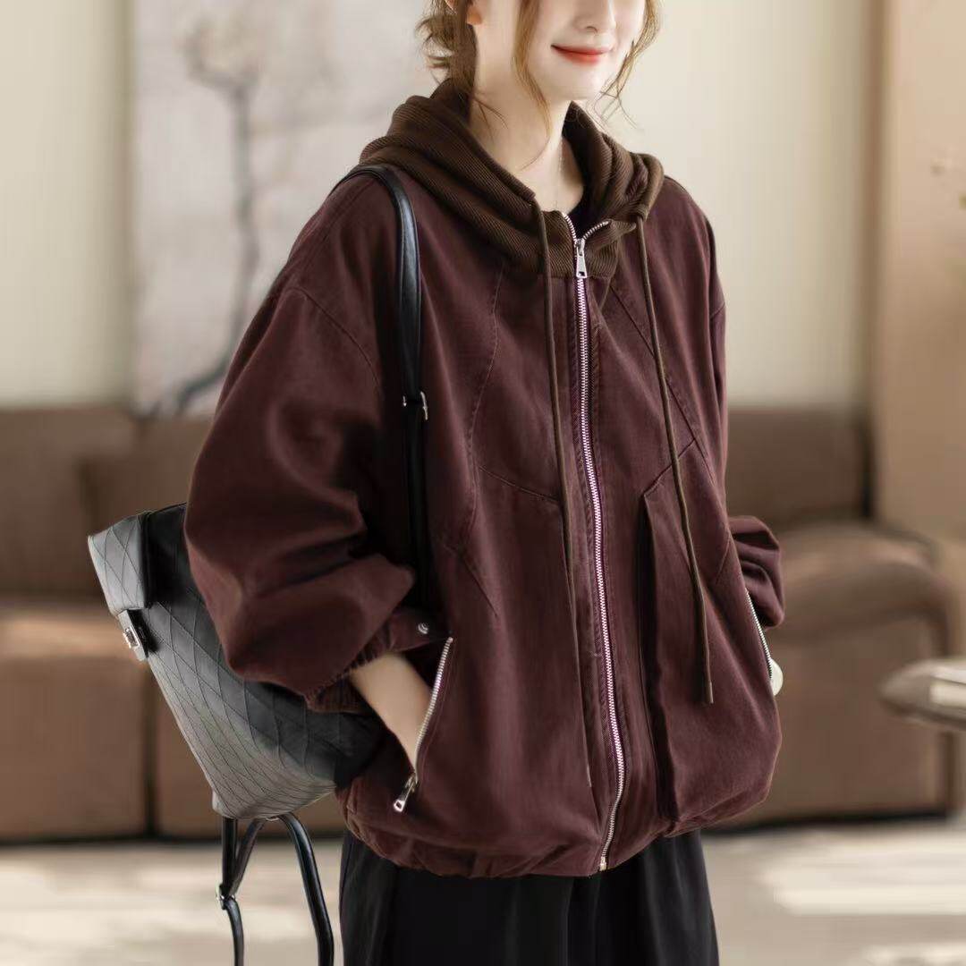 26年春款外套女连帽撞色外套新款宽松休闲韩版学院分外套上衣工装